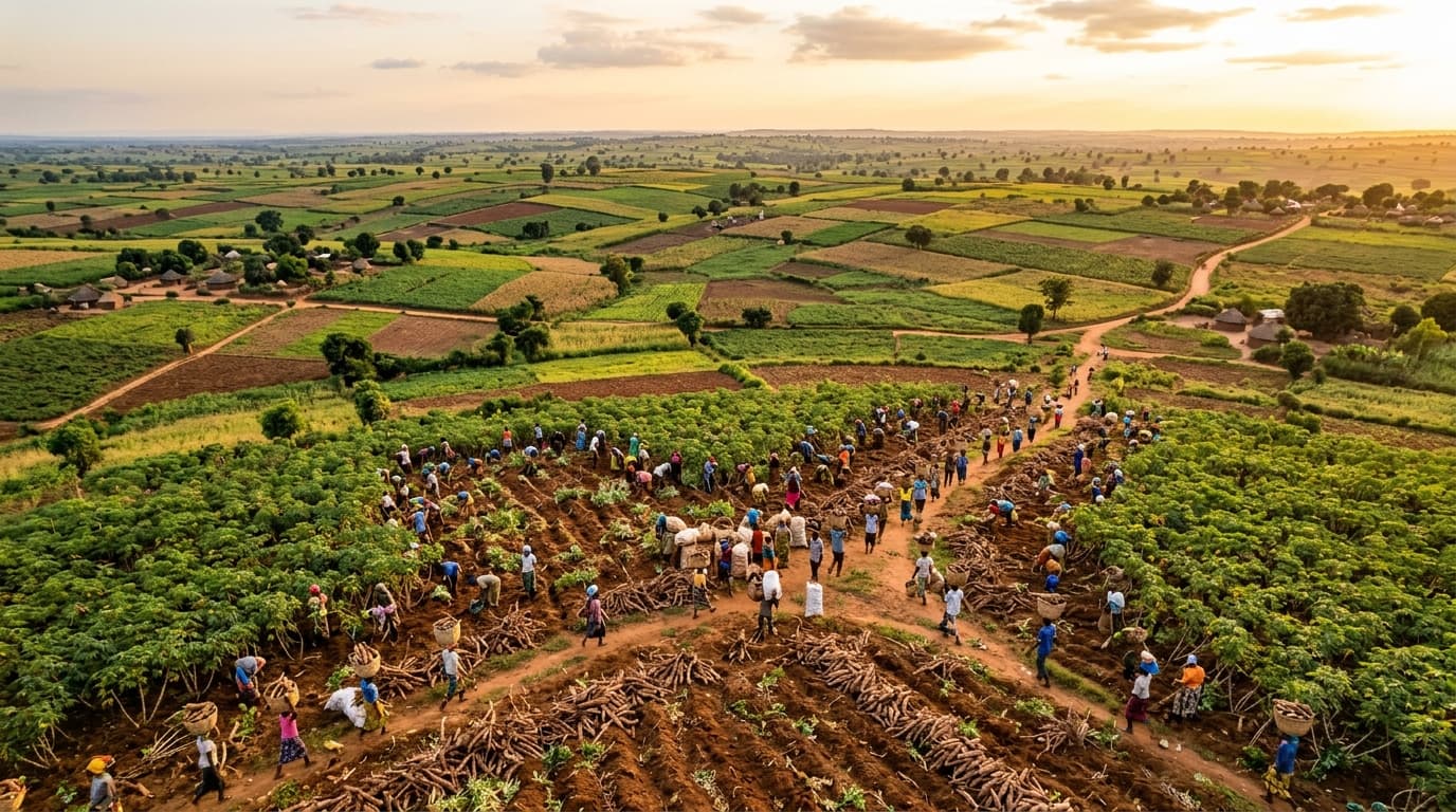 广阔木薯田收获季的航拍视角,小农户扛着块茎(AI 生成的图像)