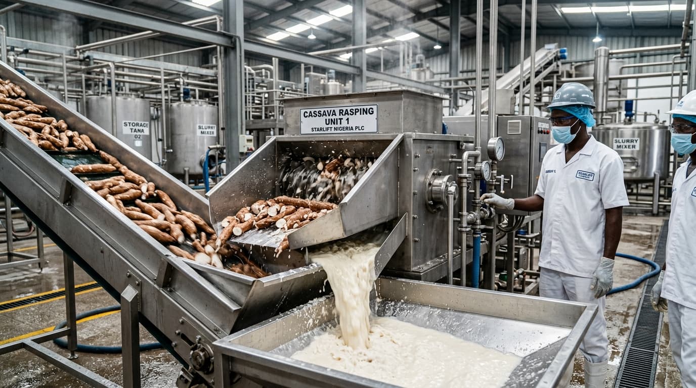 在尼日利亚一座现代化加工工厂内进行的木薯淀粉生产。新鲜木薯根通过不锈钢输送带进入一台强大的刨碎/粉碎机,机器配有旋转刀片,可将木薯根细致磨碎。湿润的木薯浆从刨碎设备流入收集通道,可以看到破碎的木薯纤维和富含淀粉的液体。背景中可见工业级不锈钢设备、管道和加工罐。(AI生成图像)