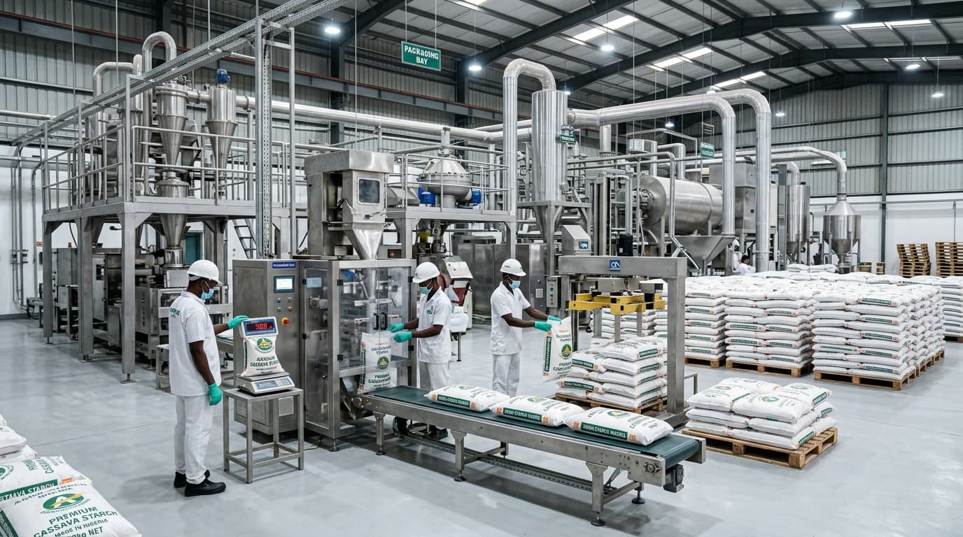 现代木薯淀粉加工厂内部——不锈钢设备,工人检查包装生产线,托盘上堆放着50公斤袋装产品,明亮的工业照明,超洁净环境。地点:尼日利亚。(AI生成图像)