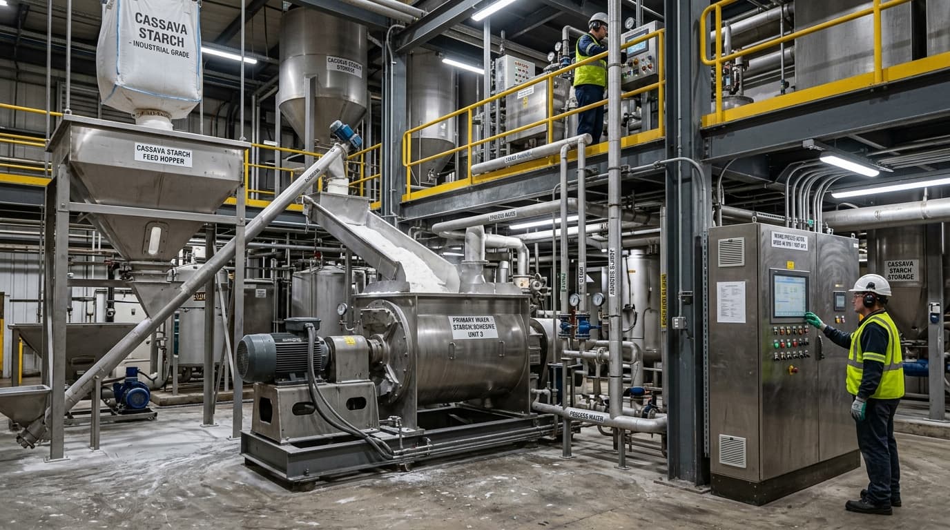 Chaîne de fabrication d’adhésifs industriels ou de papier où l’amidon de manioc est introduit dans des mélangeurs — machines, tuyaux et panneaux de contrôle (image générée par IA)