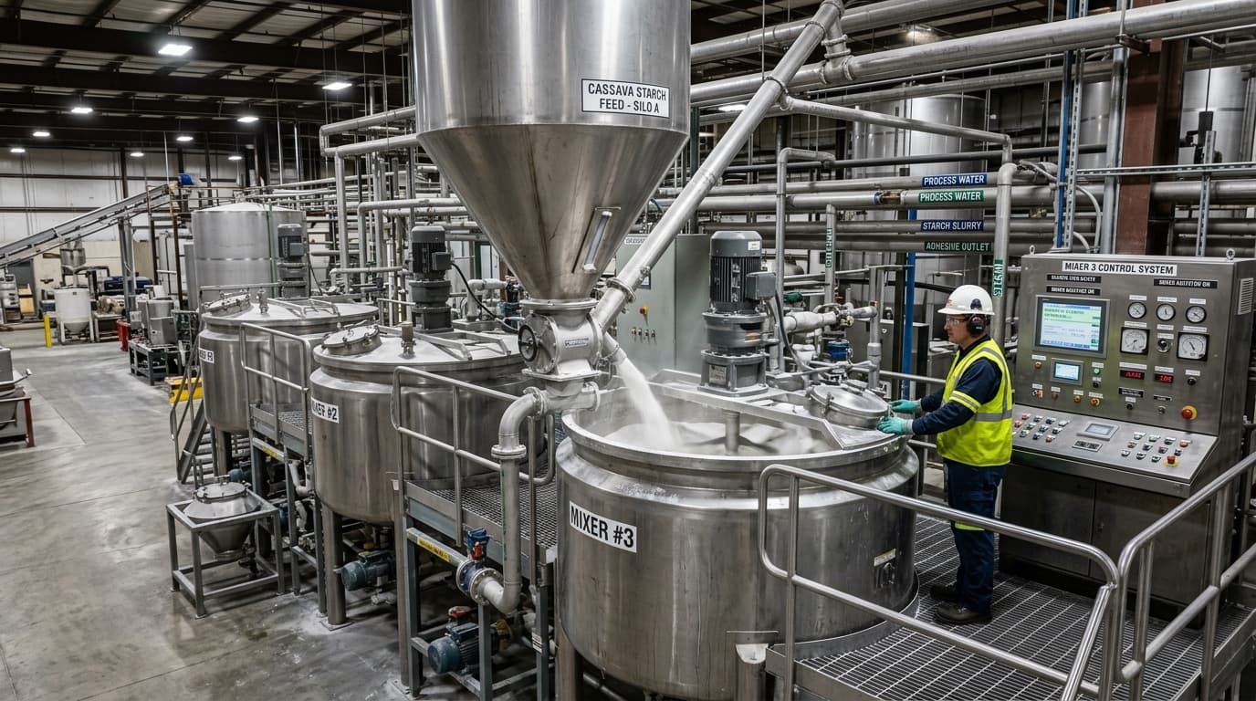 Produktionslinie für industrielle Klebstoffe oder Papier, bei der Maniokstärke in Mischer eingespeist wird — Maschinen, Rohrleitungen und Steuerungspaneele (KI-generiertes Bild)