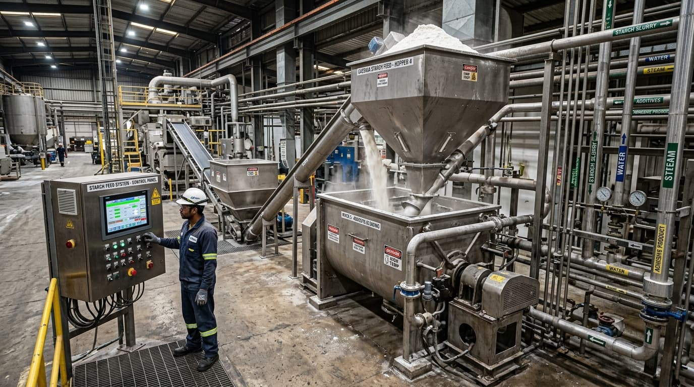 工业粘合剂或造纸生产线,木薯淀粉被输送到混合器中——机械设备、管道和控制面板(AI生成图像)