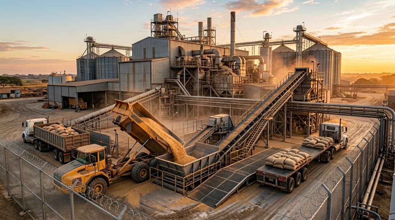 Réception de soja et déchargement de camions (image générée par IA).