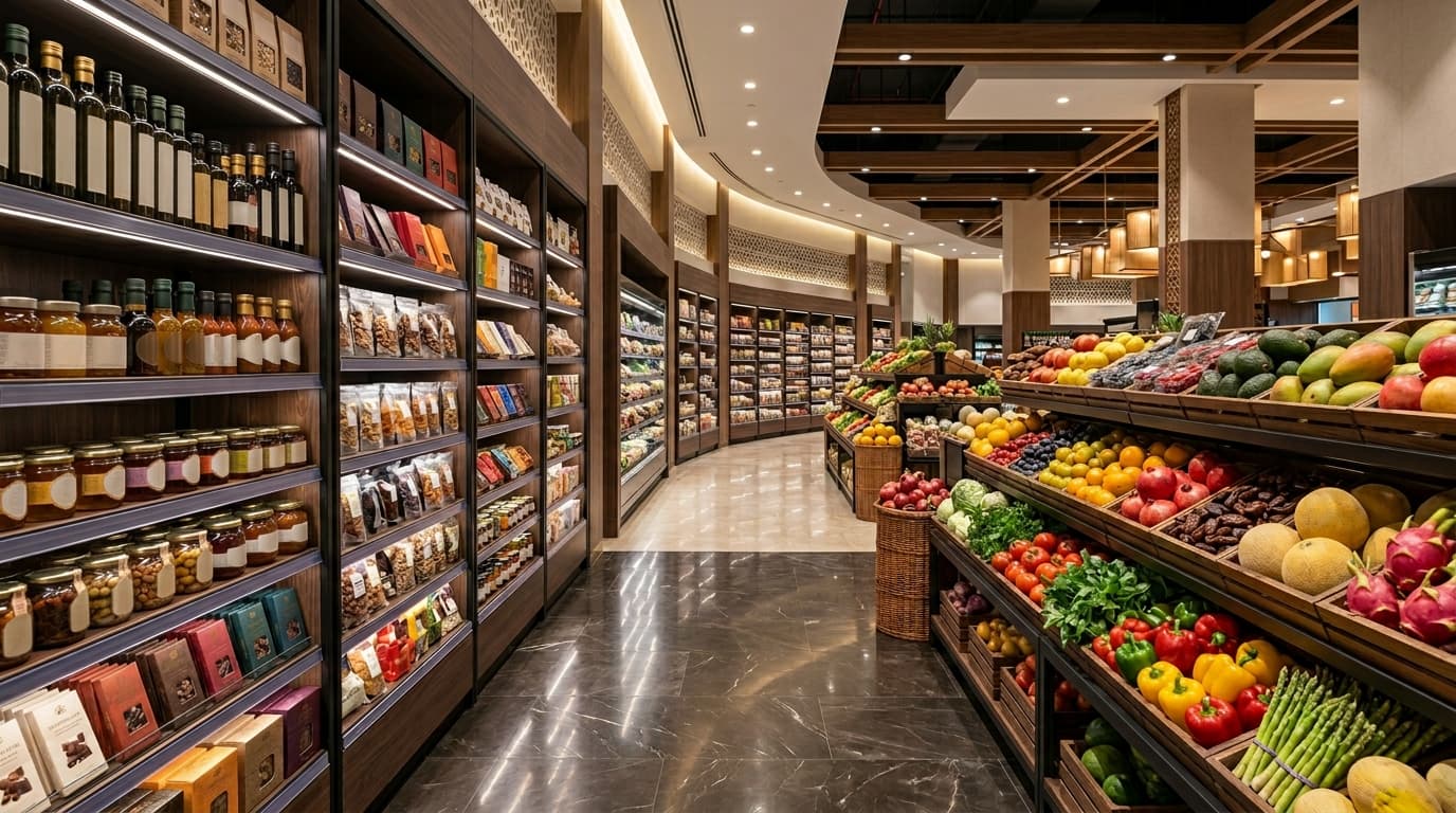 Lorong supermarket di Timur Tengah dengan produk premium impor dan produk bermerek (gambar yang dihasilkan AI).